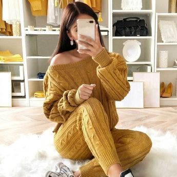 Sweater Top+Pants Knitted Suit O-Neck